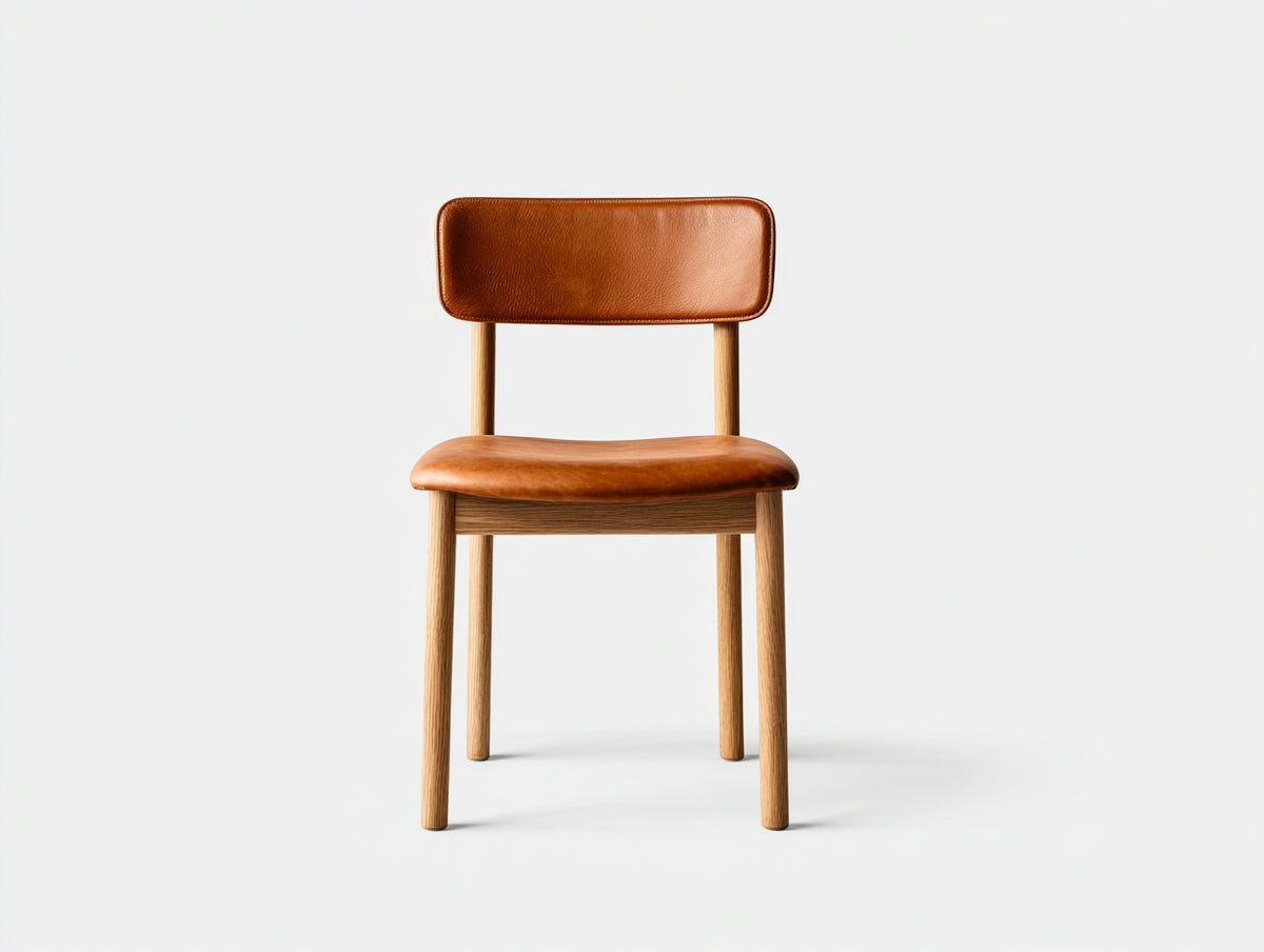 Sedia da pranzo - Legno-Pelle - 47x52x82 cm - Naturale-Marrone cognac - Stile minimalista