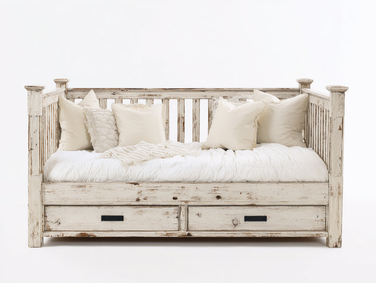Divano letto - Legno - 216x104x103 cm - Bianco anticato - Stile farmhouse