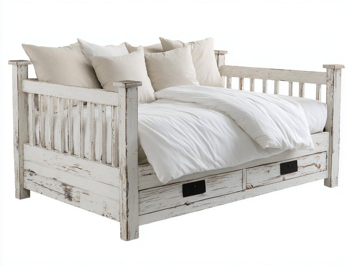 Divano letto - Legno - 215x105x98 cm - Bianco - Stile rustico decapato con contenitore